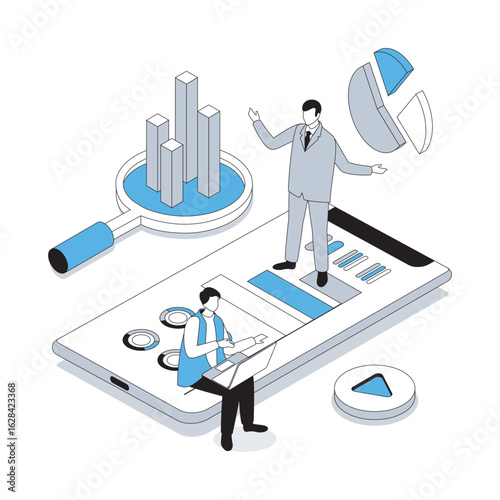 Business training 3d isometric concept with isometry people design for web. Businessman conference with coaching session, consulting strategy, analyzing data and development. Vector illustration