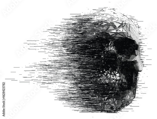 Glitched polygon skull vector fragmented hatching and horizontal line dispersion. Low-poly disintegrate fading design.