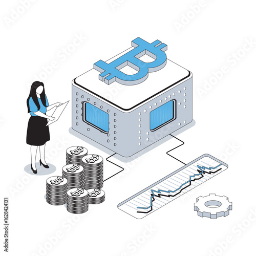Cryptocurrency 3d isometric concept with isometry people design for web. Woman trading digital money at virtual platform and crypto market, mining coins with blockchain technology. Vector illustration