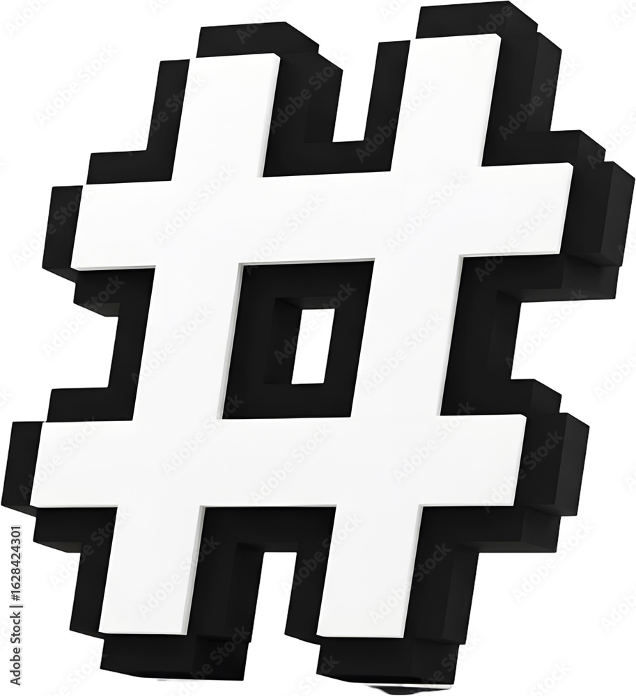 Obraz premium A pixelated, 3D white hashtag symbol with black edging floats against a white background