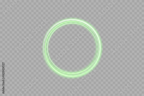 Cosmic halo rings with glowing light and green neon gradient. Elegant futuristic symbol of orbit, science fiction, dynamic technology and aesthetic modern lighting in digital art.