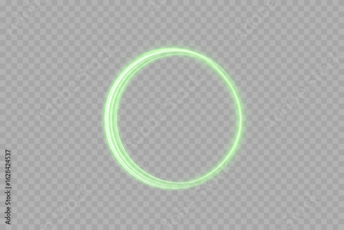 Abstract glowing light rings in neon green color. Futuristic motion circle for digital artwork, high-tech banners, gaming UI, space-inspired backgrounds and illuminated particle effects.