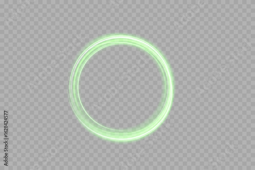 Cosmic halo rings with glowing light and green neon gradient. Elegant futuristic symbol of orbit, science fiction, dynamic technology and aesthetic modern lighting in digital art.