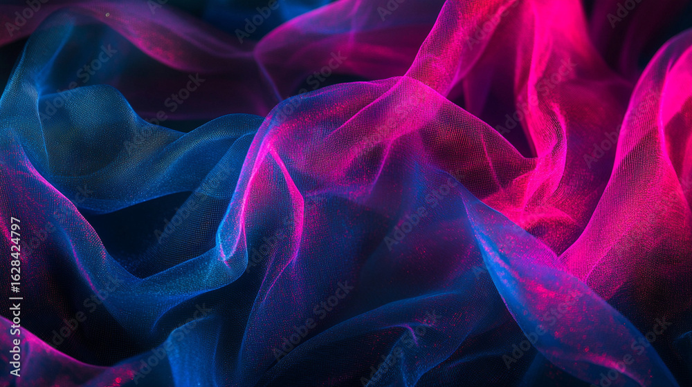 Obraz premium A fashion editorial backdrop of flowing neon glitter fabrics glowing in electric blue, pink, and lime, dynamic folds under blacklight