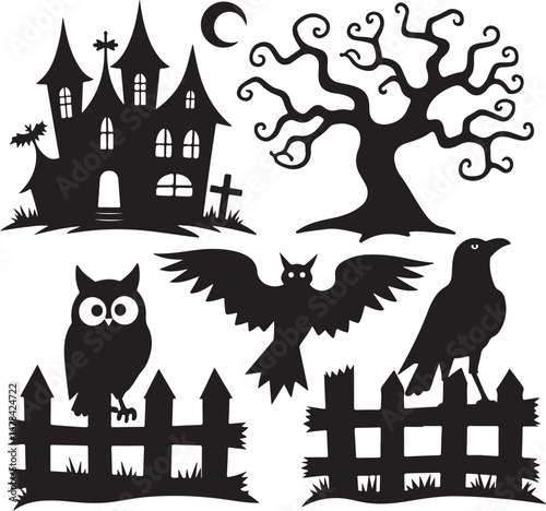 Spooky Halloween silhouettes: haunted house, bat, owl, crow, tree