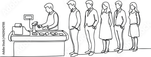 Hand drawn illustration of people standing in line at a store waiting to make a purchase at the checkout counter