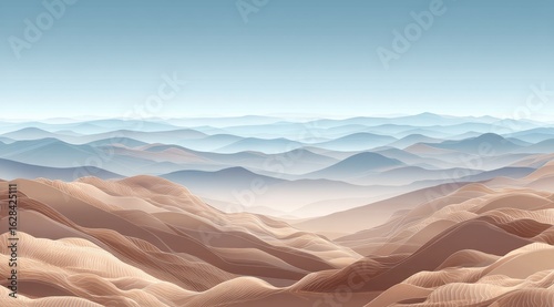 Vast desert landscape, layered mountains, hazy atmosphere