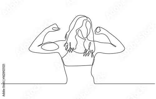 Continuous one line drawing of young strong model woman bodybuilder pose confidently. Vector illustration editable outline