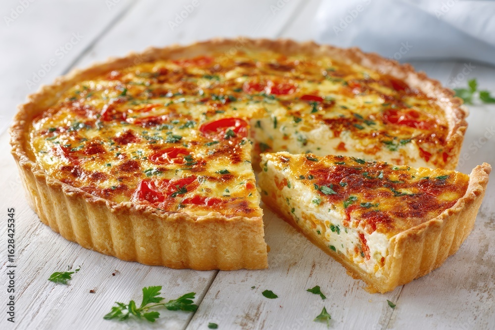 A golden-brown quiche, sliced, sits on a white wooden surface. Fresh herbs and vibrant tomatoes are visible A golden-brown quiche, sliced, sits on a white wooden surface. Fresh herbs and vibrant tomatoes are visible