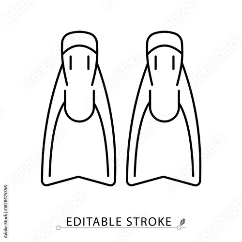 Swim fins icon in minimalist style with editable stroke. Diving gear, snorkeling equipment, underwater tools, flippers symbol, swimming accessories, aquatic sport, ocean activity, water gear.