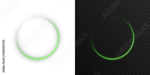 Neon glowing green rings with orbit effect and radial flare. Futuristic digital halo in dark space. Ideal for sci-fi design, UI interface, cosmic backgrounds, vibrant tech posters and energy concept