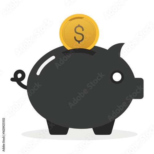 Black Piggy Bank with Gold Coin Illustration
