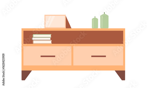 Chest of drawers with books stack and candles and photo frame in simple flat scandinavian style. Living or bedroom interior.
