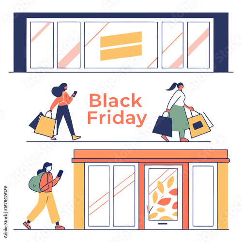 Illustration of people shopping with bags during black friday sale in front of store windows scene