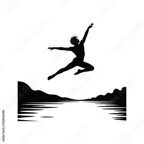 Silhouette of a dancer leaping joyfully over a reflective body of water with mountains