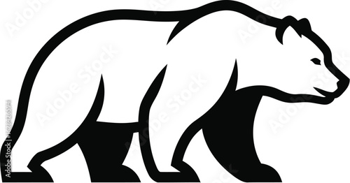 Black and White Walking Bear on a Plain Background, Minimalist