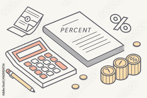 hyper realistic, office desk, calculator, paperwork, percent sign, coins, stylized, digital art