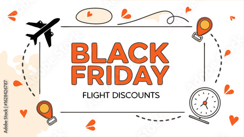 Black friday flight discounts promotional graphic with airplane location pins and clock on white background