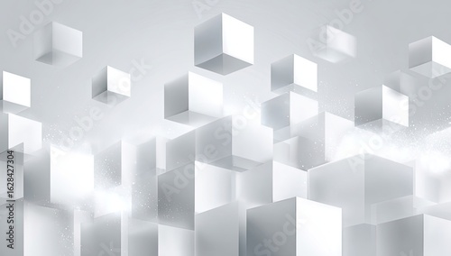Abstract, 3D white cubes in a dynamic, floating arrangement against a light gray background.  Soft, glowing light highlights the cubes and creates a sense of depth and movement