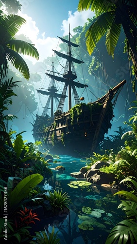 Sunlit pirate ship in a tropical jungle