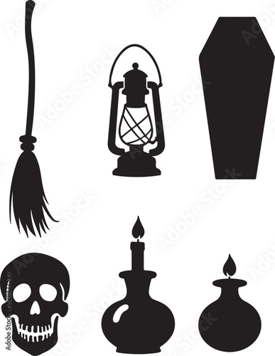 Spooky Halloween icons: skull, broom, coffin, lanterns, candles