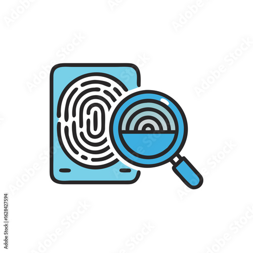Fingerprint with magnifying glass in flat design illustrating justice  