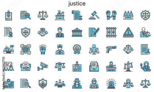 Justice icons and symbols in blue color scheme for legal concepts.  Set  