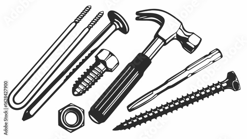 Realistic mechanic tools. 3D construction instrument set. Metal wrench and hummer, isolated screwdriver. Iron nails or screws with dowels. Hex nuts and eye hook. Vector hardware store
