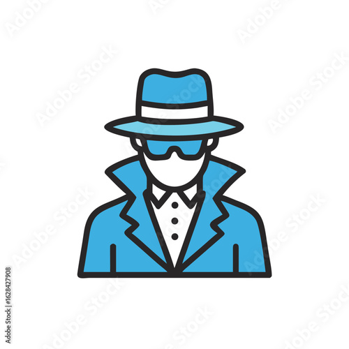 Spy detective in blue coat and hat with sunglasses for justice concept  