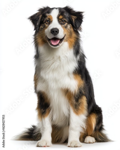 Vertical Portrait of an Australian Shepherd Dog Sitting Gracefully Against a White Background