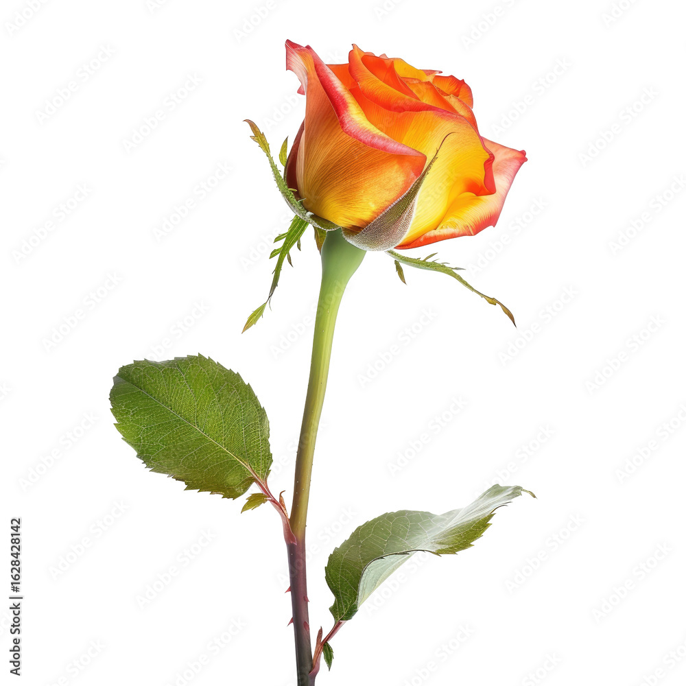 Single vibrant orange-yellow rose with green leaves Single vibrant orange-yellow rose with green leaves
