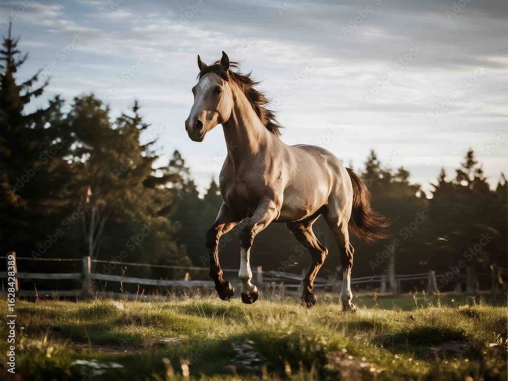 Obraz premium A powerful brown horse galloping through a grassy field during golden hour, surrounded by rustic wooden fences and tall pine trees in the background. Captured in motion, the image evokes freedom