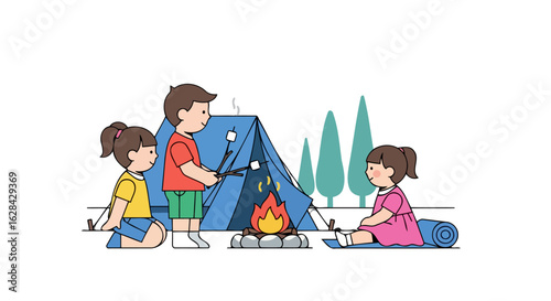 happy kids camping roasting marshmallows by the campfire