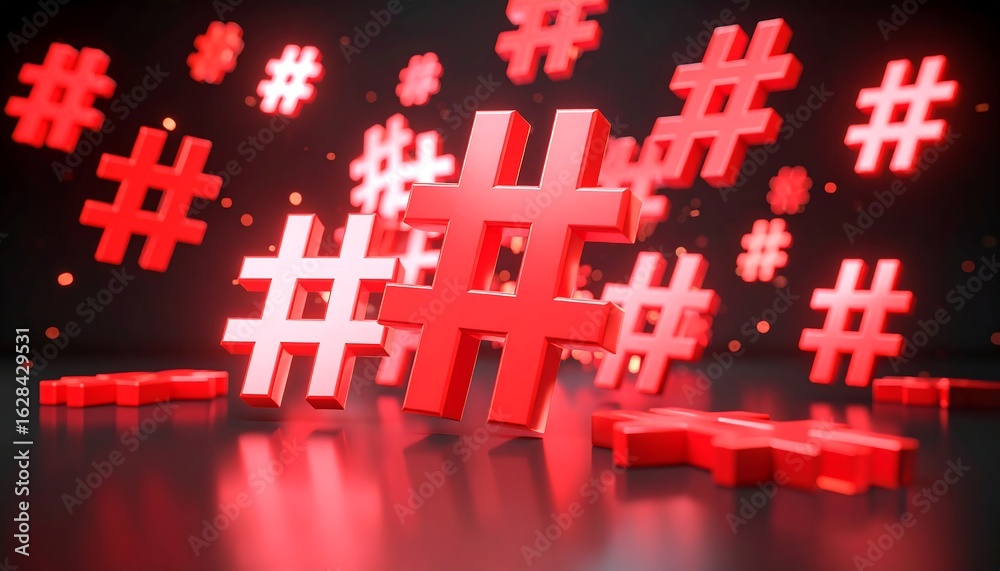 Obraz premium Floating Red Hashtags on Black Background with Soft Lighting and Reflections