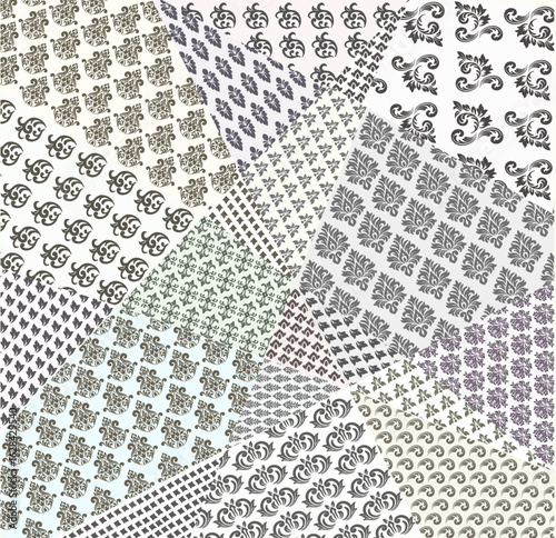 Regal Damask-Inspired Pattern Patchwork in Neutral Pastel Tones with Vintage Ornamental Flourish and Repeating Motifs