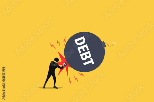 Businessman wearing boxing gloves punching with creditor or huge boom debt