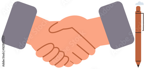 Two hands shaking in agreement, symbolizing trust, partnership, and cooperation, alongside a pen, representing formal agreements and commitments. Ideal for business, negotiation, trust-building