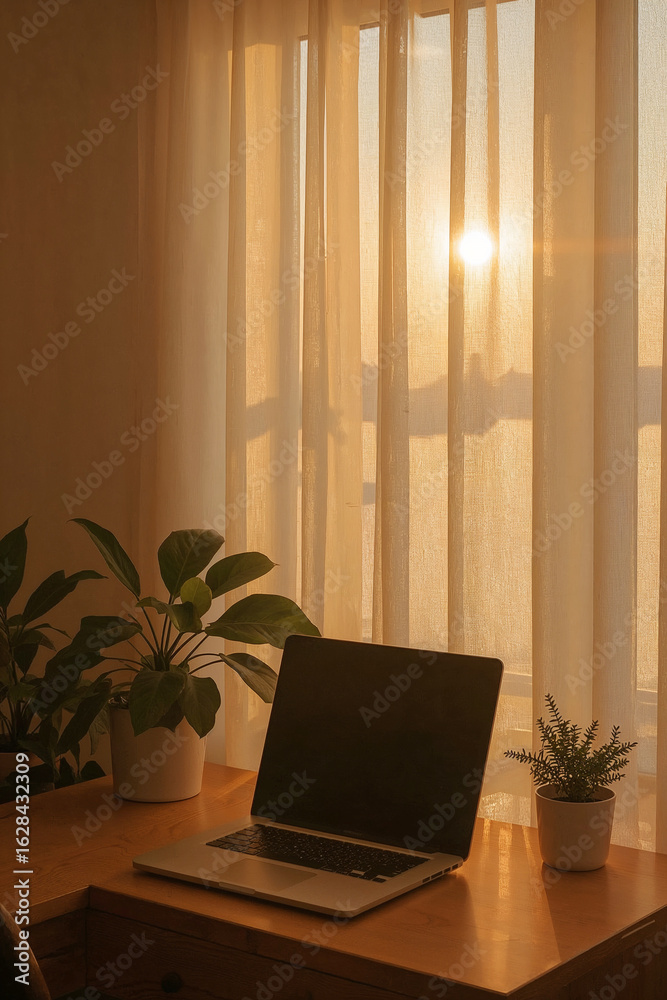 Fototapeta premium Laptop on a wooden desk near a sunny window with curtains