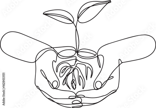 Continuous one line drawing of hands gently holding a seedling with roots and leaves organically entwined, symbolizing growth and care

