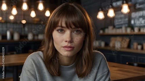 Portrait of a Young Woman with Brown Hair and Bangs, Sitting in a Cafe