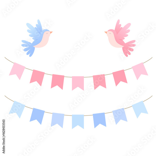 Gender Reveal Party Decoration with Pink and Blue Birds and Bunting Flags. Vector illustration. 