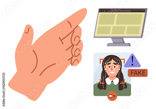 Hand pointing at a computer screen beside a deepfake warning on a facial recognition image. Ideal for AI ethics, cybersecurity, fake news, identity verification, deep learning, technology risks