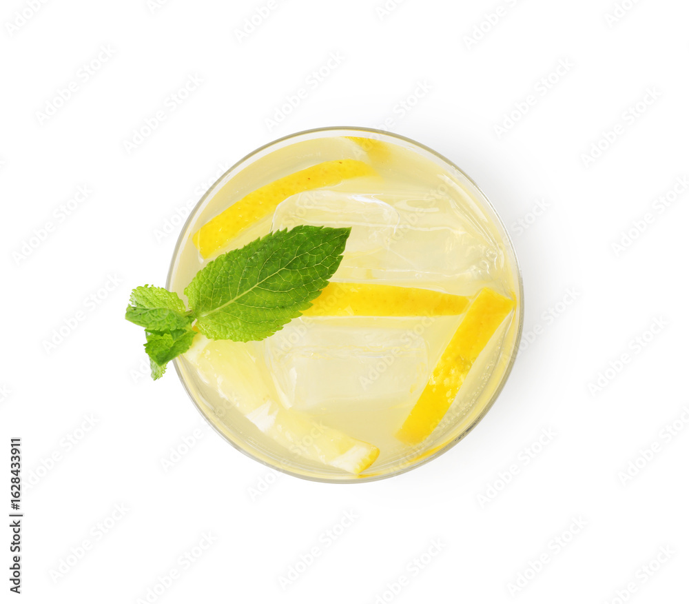 Fototapeta premium Tasty cocktail with lemon slices and mint in glass isolated on white, top view