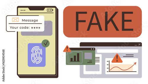 Mobile phone with fingerprint security, warning alerts on screens, and FAKE label. Ideal for cybersecurity, online safety, fraud prevention, scam detection, phishing awareness, secure authentication