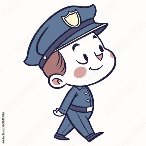 Cute Cartoon Police Officer in Uniform Smiling While Walking – Law Enforcement Character Illustration

