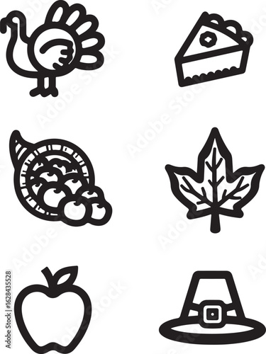 Charming Thanksgiving icons turkey pie cornucopia apple leaf hat