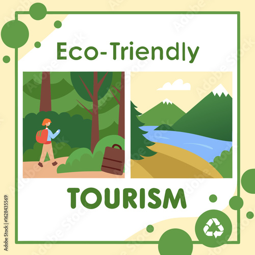 Eco friendly tourism poster featuring a hiker in the woods and a landscape with mountains and a river view
