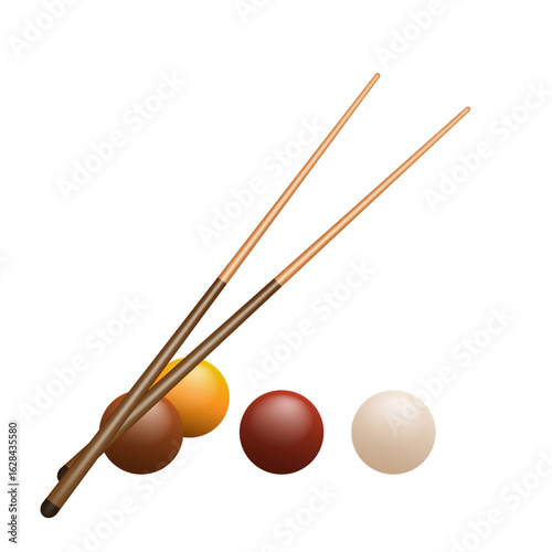 Billiard cue and balls. Vector clipart isolated on white background.