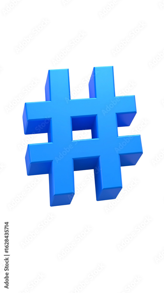 Obraz premium Blue hashtag symbol, 3D render for social media, trending topics on transparent background