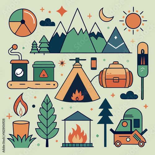 Eco-Tourism Camping Icon Collection – Forest Adventure & Sustainable Travel
